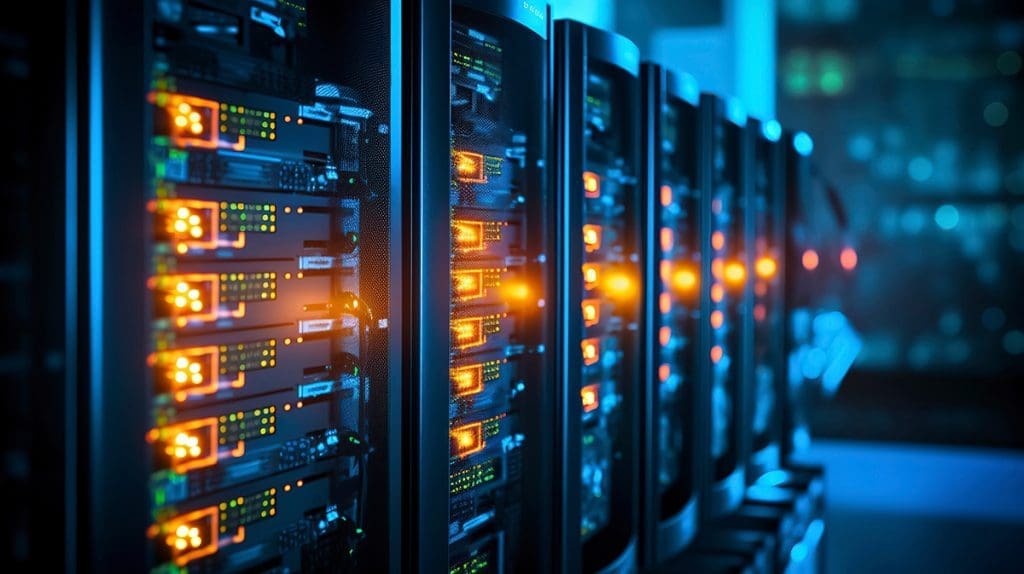 A row of servers with glowing LED lights.
