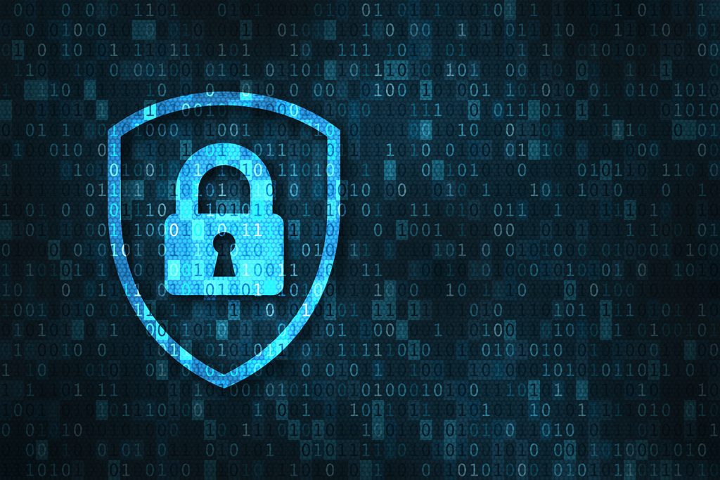 A digital representation of a padlock inside of a shield symbol.