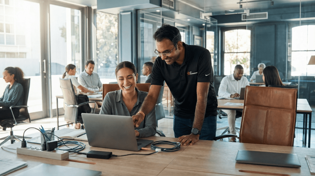 A PC Professional engineer helping out a client with a technical issue.